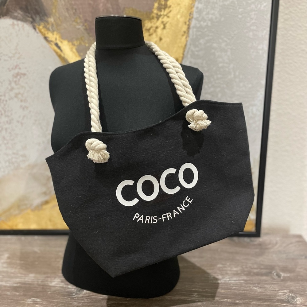 Women’s Black & White Logo’d Canvas Handbag W/Cotton Coiled Straps